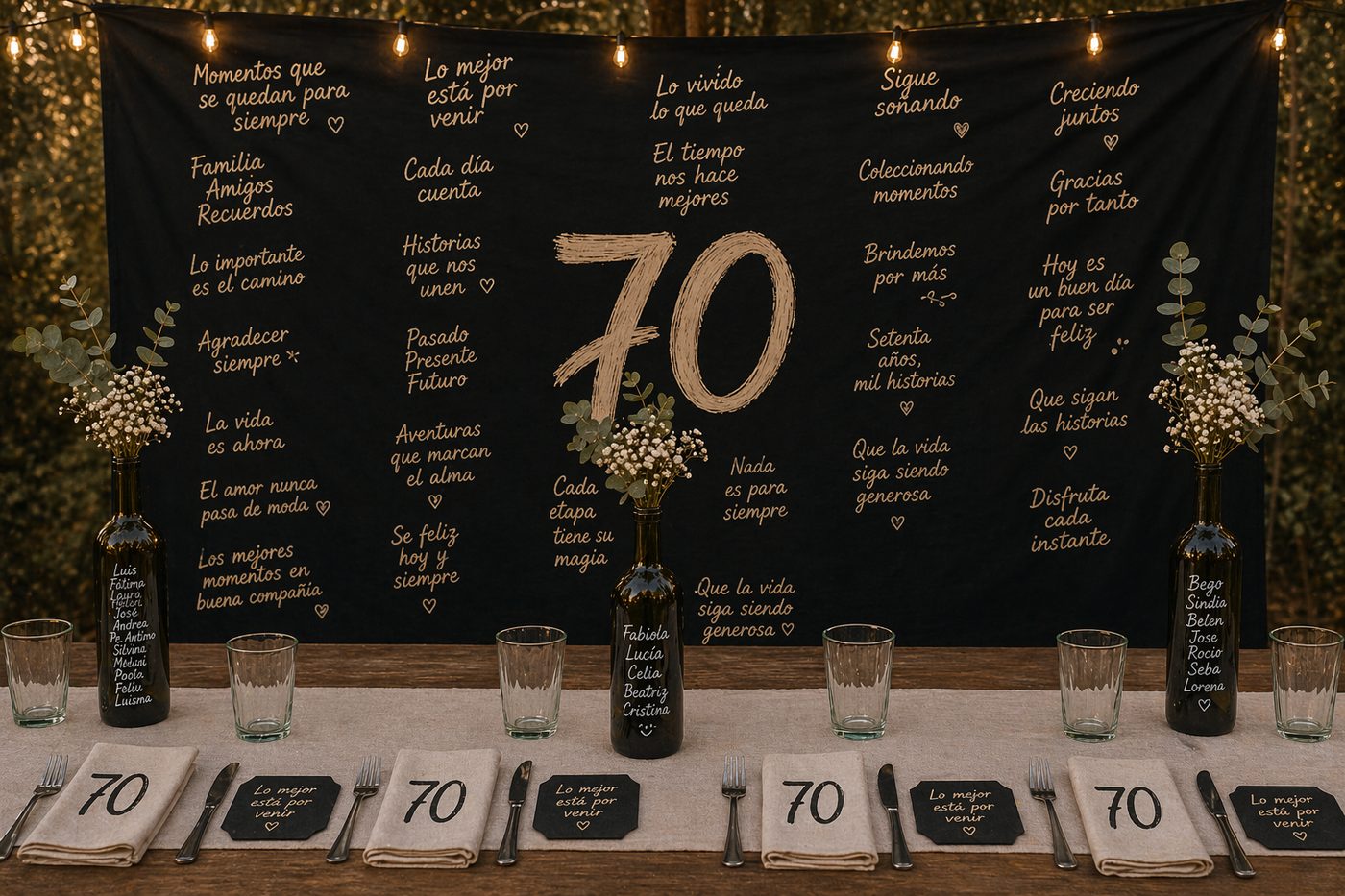 Ambientación de cumpleaños de 70 con banner de tela y servilletas impresas